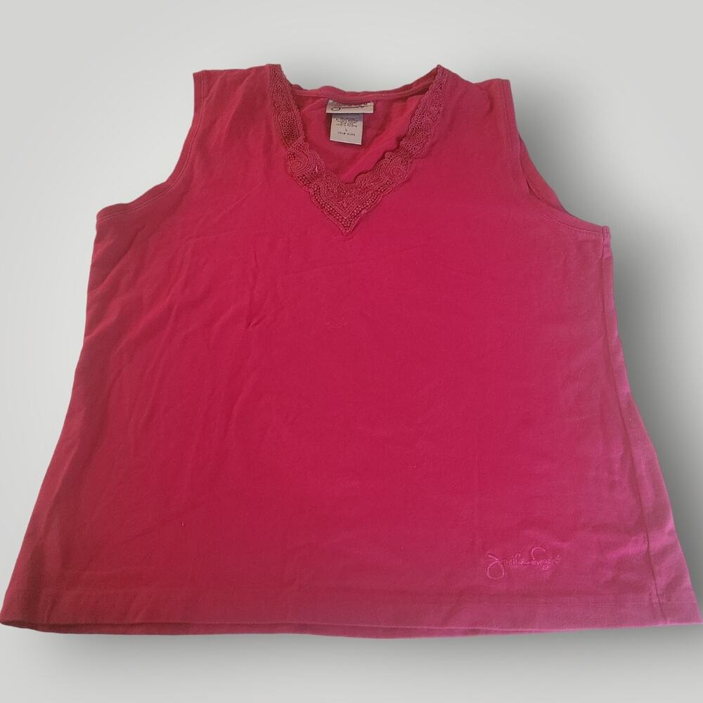 Jonathan Logan Women's L Magenta Pink V Neck Lace Trim STRETCH Logo Tank